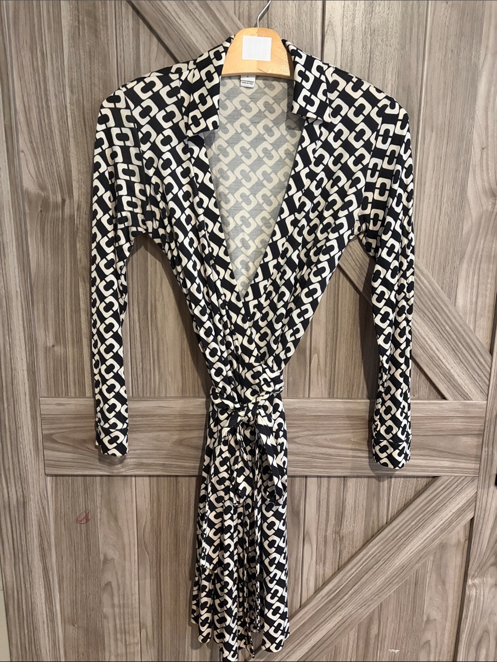 Diane Von Furstenberg Black and Cream Geometric Wrap Midi Dress